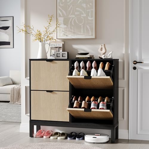 GAOMON Shoe Cabinet with 4 Flip Drawers, Entryway Cabinet with Adjustable Shelves, Accommodate 16 to 20 Pair of Shoes, Space-Saving Slim Shoe Cabinet for Entryway, Hallway, Front Door, Black Oak