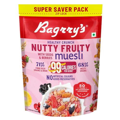 Image of Bagrry's Crunchy Nutty Fruity Muesli with Seeds & Berries 1kg | 78% Fruit, Nuts, Seeds & Multigrains | 99 Calories per serve | Rich in Fibre & Protein | No Artificial Preservatives or Colours | Breakfast Cereal