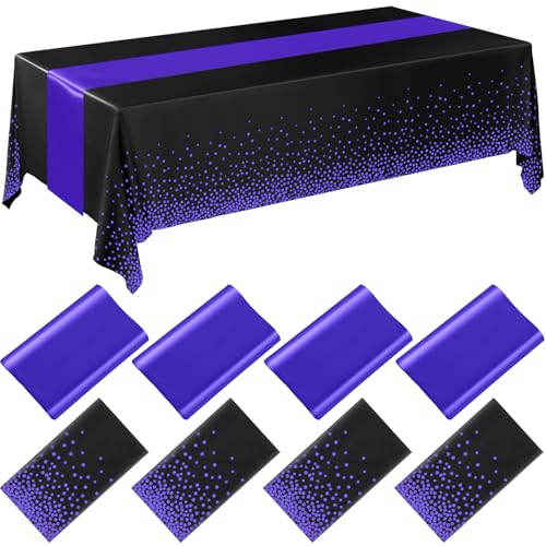 Image of Breling 8 Pack Black and Purple Disposable Plastic Tablecloths and Satin Table Runner Set, 54 x 108 Inch Tablecloth, 12 x 108 Inch Table Runners for Wedding Graduation Birthday Baby Shower