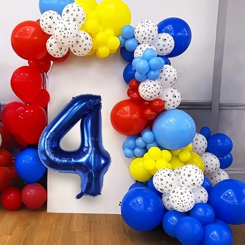 Image of 4th Birthday Decorations Boy, Dog Paw Fourth Birthday Balloons Arch with Red Blue Yellow Latex Balloons and Long Balloon Number 4 and Star Foil Balloon for Paw Party Supplies