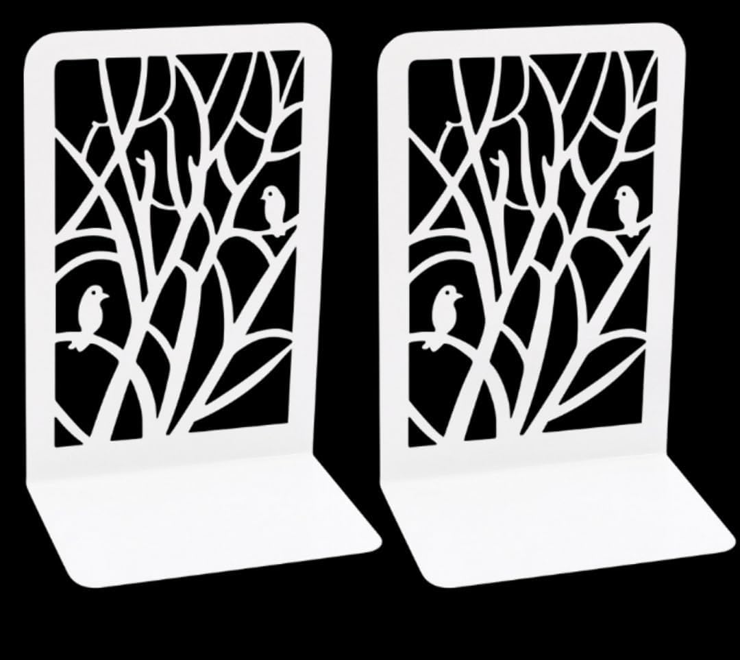 zmgmsmh Tree Bookends Metal Nonskid Bookends Heavy Duty Bookshelves Organizer Office Bookend for Shelves, Book Ends for Heavy Books (Branch Bird-White