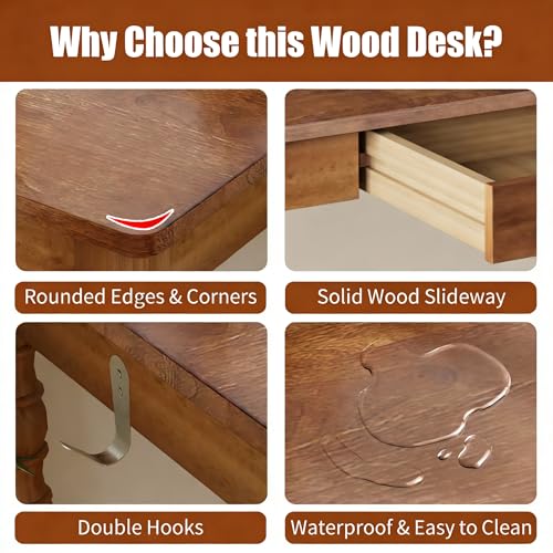 Image of 100% Solid Wooden Desk with Drawers - 47.2 inch Mid Century Modern Desk with 2 Hooks, Vintage Writing Desk with Drawers, Simple Work Study Table for Bedroom & Home Office - Walnut Color