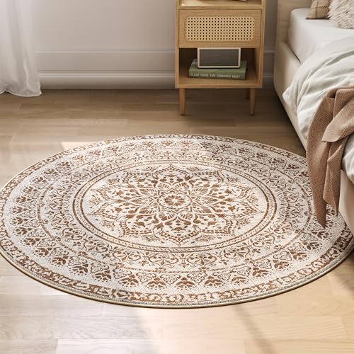 SONGMICS HOME Teppich rund, Outdoor Teppich, Boho, 120 cm d, waschbar, rutschfest, Floral Vintage,...