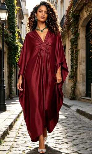 Image of RanRui Caftans for Women Solid Color Chiffon Plus Size Kaftan Dresses Beach Cover Up V Neck Batwing Sleeve Caftans Loungewear