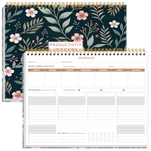 Weekly Productivity Planner - 8.5" x 11" Dashboard Desk Notepad Has 6 Focus Areas to List Tasks for Goals, Projects, Clients, Academic or Meal-Organize Your Daily Work Efficiently, 54 Weeks, Flower-D