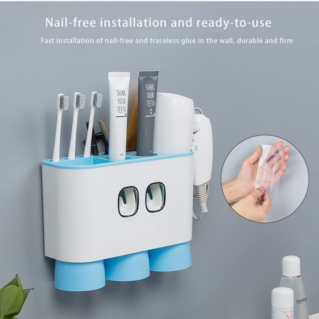 WRIST Zahnbürstenhalter, Wandmontierter ABS-Multifunktions-Zahnpastaspender Für Badezimmer Mit 3 Zahnbürstenfächern, 2 Zahnpastapressen Und 3 Bechern,Rosa
