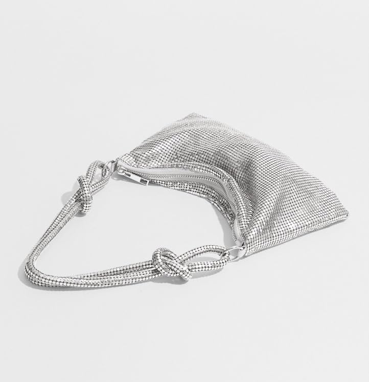 Image of Shimmering Metal Mesh Evening Bag Knotted Shoulder Strap Women Evening Shiny Hobo Metallic Purse (Style A Silver)