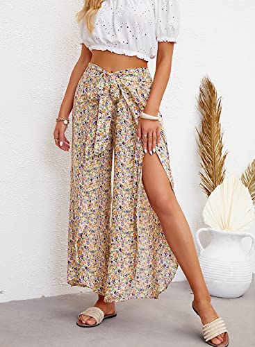 ReachMe Womens Casual Palazzo High Waisted Flowy Wide Leg Pants Bowtie Front Split Wrap Pants Trousers4