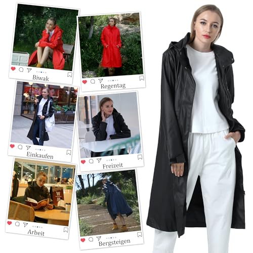 Regenmantel Damen lang Regenparka Damen wasserdicht atmungsaktiv gefütterte Regenjacke Trenchcoat Übergangsmantel Parka Outdoor, Schwarz, 38/M