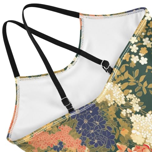 KLL Colourful Small Liberty Blooming on Green Background Girls' 1 Piece Bathing Suit Beach Swimwear Adjustable Shoulder4