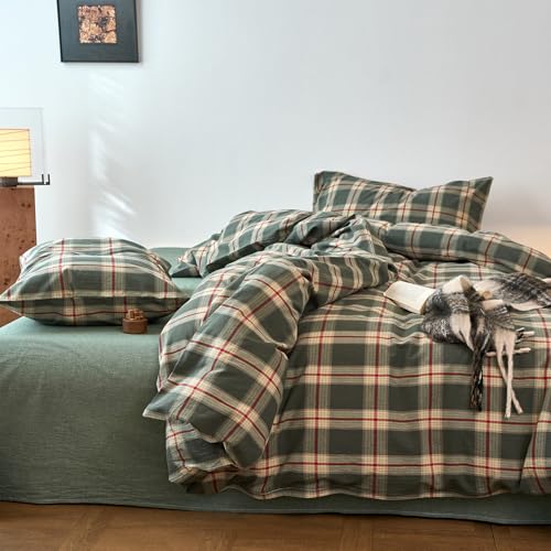 Image of EAVD Vintage Style Green Plaid Duvet Cover Full Soft 100% Washed Cotton Red Green Grid Checkered Bedding Set with 2 Pillowcases Retro Farmhouse Geometric Grid Duvet Cover with Zipper Closure