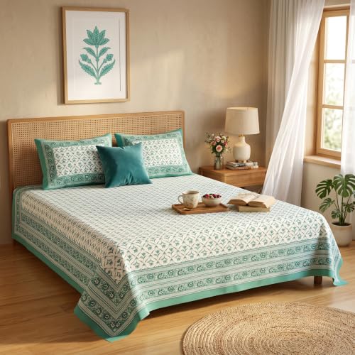 Image of Naksh Queen Size Bed Sheet Green Heritage Floral Print 2 Pillow Covers | Green Heritage Floral Print | Rajasthan-Inspired Design for Queen Size Bedrooms