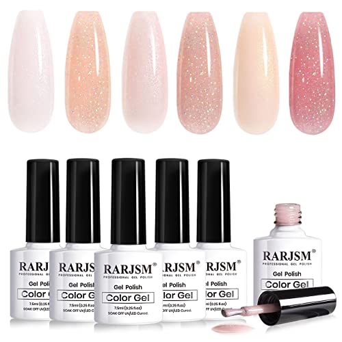 RARJSM Nude Shimmer Gel Nail Polish Set 6 Colours Pale Pink Milky Jelly Pink Purple Apricot Beige Holographic Glitter Iridescent Pigments Gel Polish 7.5ml Translucent Natural Soak off UV LED Cured
