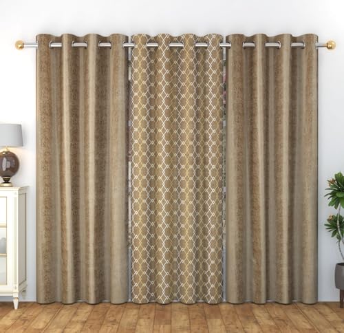 Image of Window Curtains Check Design for Drawing Room /Living Room /Hall Room Parde for Door, Brown Color 5 Feet 3 Pcs Set Curtains