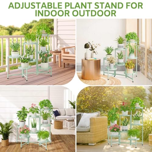Image of iDavosic.ly 7 Tier Large Plant Stand Indoor, 10 Inch Wide Tall Corner Metal Plant Stands Outdoor for Multiple Plants, Folding Tiered Flower Display Holder Rack Shelf, Light Green