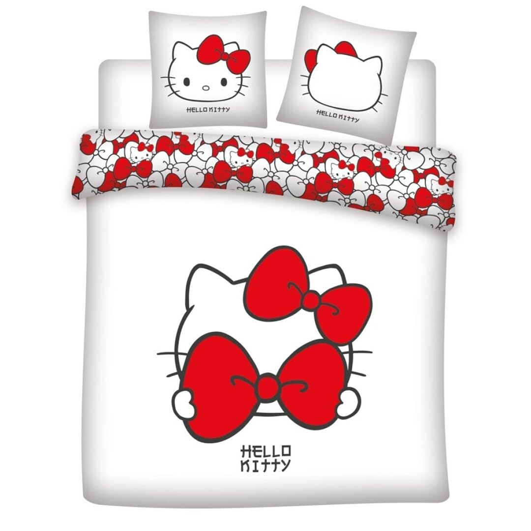 Aymax Parure da letto matrimoniale Hello Kitty Bow, 2 persone, copripiumino reversibile 240 x 200 cm + 2 federe 65 x 65 cm, bianco