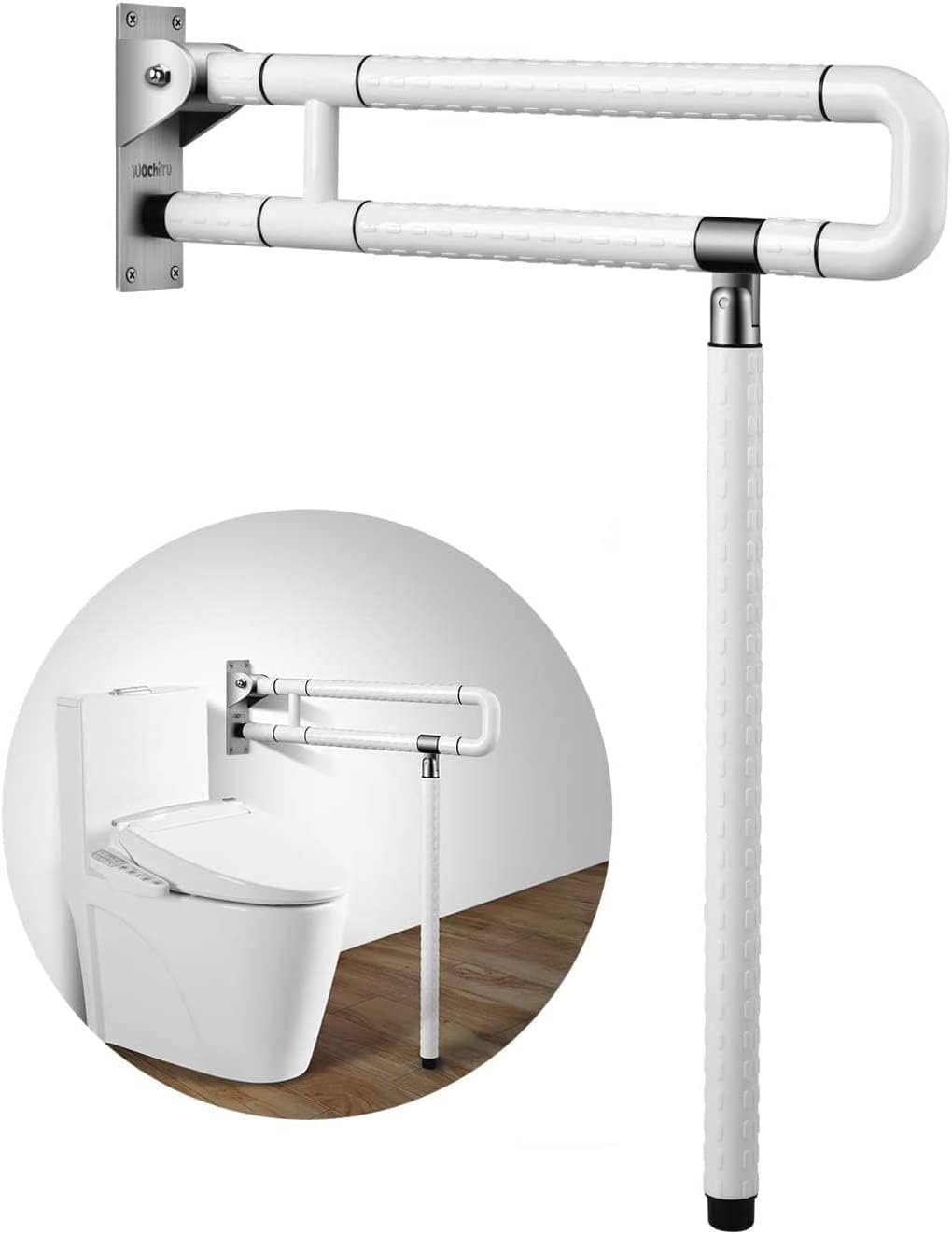 Toilet Safety Grab Bar with Leg Support 24 Inch (60 cm) | Foldable Bathroom Support for Elderly Parents, Senior Citizens & Pregnant Women | Wall & Floor Mounted Steel Non-Slip ABS (White)-image-7