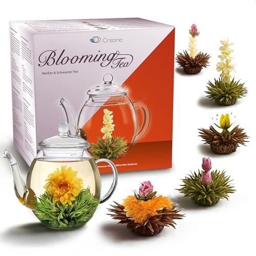 Creano – Mix di fiori di tè – Set Regalo Té Fiorito con bricco di vetro 500ml - Variazioni di 3x Tè bianco e 3x Tè nero (6 tipi diversi)