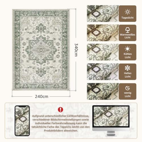 TOPICK Vintage Kurzflor waschbar faltbar Teppich Wohnzimmer 240x340 Grün – Ansicht 6