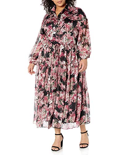 Taylor Dresses womens Plus Size Taylor Dresses 3/4 Sleeve V-neck Floral Print With Metallic Midi Shirt Dress, Black/Cameo, 20-21 Plus