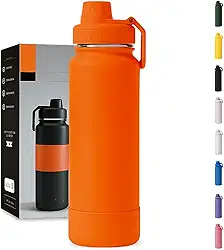 Garrafa Térmica 1000ML - Duplamente Isolada, Aço Inox 304, Base Emborrachada Anti Derrapante, Mantém Bebidas Quentes por 12 Horas e Geladas por 24 Horas (Laranja Slin)