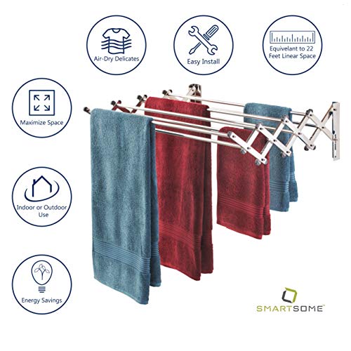 Smartsome-Space-Saver-Fold-Away-Racks-Stainless-Steel-Wall-Mounted-Laundry-Drying-Rack-Easy-to-Install-8-Rods-Each-34-Long-Total-225-Linear-Ft-60-lb-Capacity-for-IndoorOutdoor-Use Smartsome Space Saver Fold Away Racks Stainless Steel Wall Mounted Laundry Drying Rack Easy to Install 8 Rods Each 34 Long Total 225 Linear Ft 60 lb Capacity for IndoorOutdoor Use