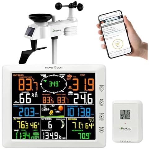Urageuxy WiFi Weather Station, Indoor Outdoor Weather Stations Wireless with Color Display, Wireless Weather Station with Rain Gauge, Wind Speed/Direction, Anemometer, UV and Outdoor Sensor Cover