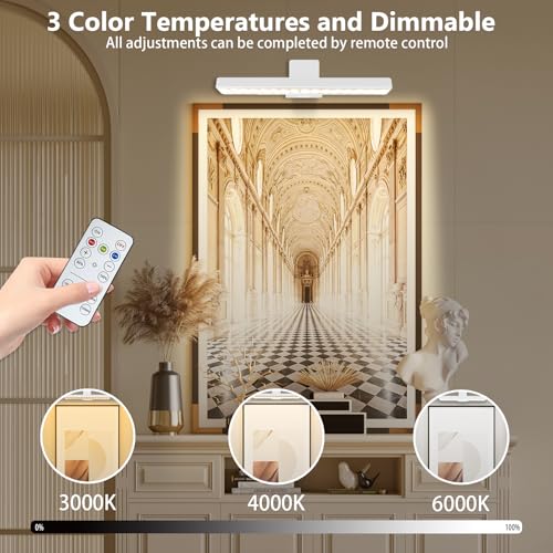 Image of Picture Lights for Wall, 4500mAh Rechargeable Battery Painting Lights with 3 Color Temps,Remote Dimmable Timer Poster Light,Wall Decor Light for Art Display,Frame