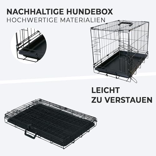 MaxxPet Hundebox Faltbar - Hundekäfig für Zuhause - 2 Türen - Hundetransportbox - Gitterbox Hund - Transportbox Hund & Katze - Faltbarer Schwarzer Metall - 78x48x56 cm - Schwarz