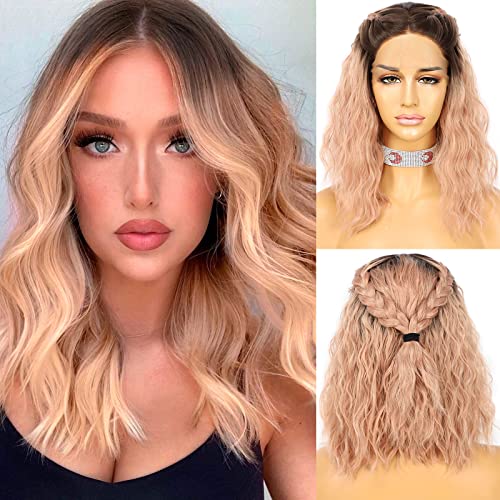 Wigoddess Ombre Pink Lace Front Wigs for Black Women Synthetic Long Hair Wavy Wig Heat Resistant Fiber Daily Party Synthetic Wig (13*3 Lace Front Wig, 783BZ)