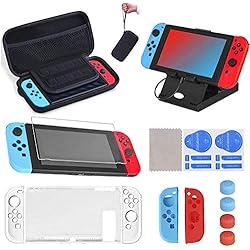 Equipo De Proteccion Para Manos 17 en 1 Kit de Accesorios para Nintendo Switch, Funda para Nintendo Switch con 10 Cartucho de Juego | 2 Protector de Pantalla | Carcasa de Silicona y Plastico | Tapas para Joystick | Soporte Ajustable