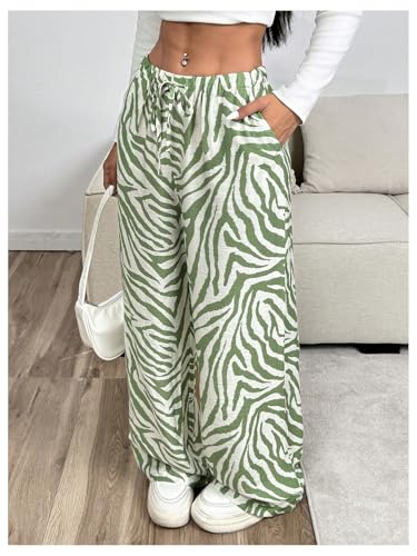 OYOANGLE Women's Zebra Striped Print Long Pants Drawstring Elastic High Waist Wide Leg Casual Trousers with Pockets3