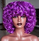 ELIM Purple Curly Wigs for Black Women Short Afro Big Curly Wig with Bangs Cute Loose Curly Cosplay Party Daily Synthetic Hair Replacement Wig for African American Women Z014PR