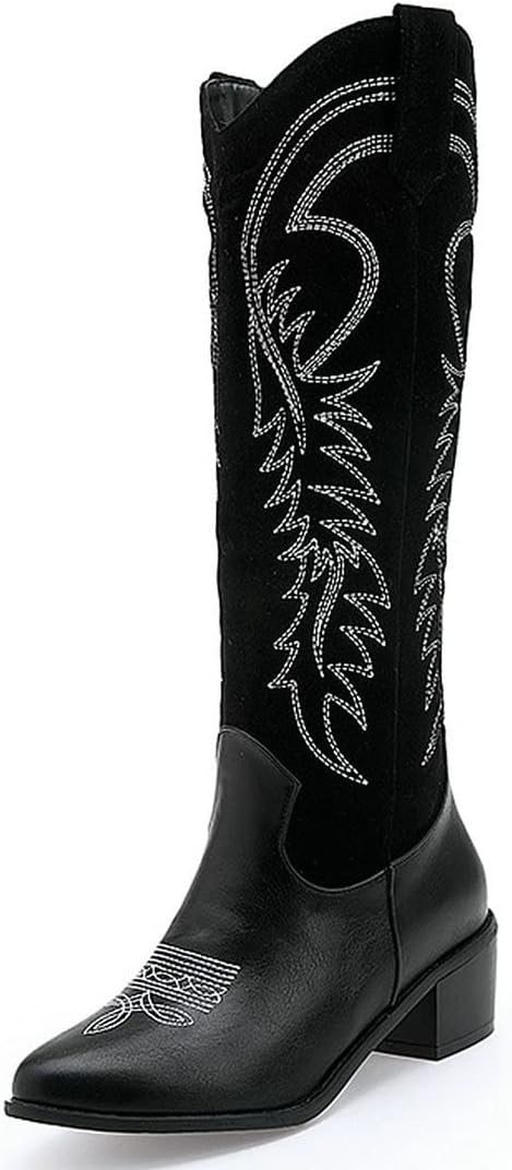 KiutSymo Women's Embroidered Knee High Boots Stitching Pull On Mid Calf Cowboy Cowgirl Boots Chunky Heel Western Riding Wedding Boots