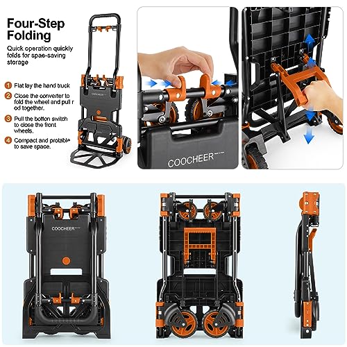 330LB Folding Hand Truck Heavy Duty Carrying, Combination of Four Wheels and Two Wheels Convertible Dolly Cart with Retractable Handle Dolly for Moving Office Carts(Orange)
