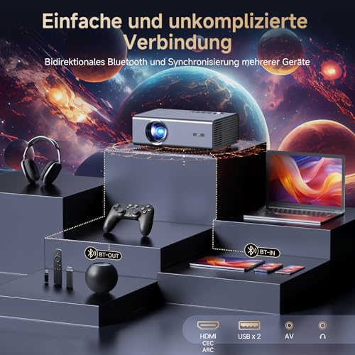 4K Smart Beamer kompatibel mit Netflix-App, Kinoähnlichem Sound & HDR | KOGATA Auto-Fokus, 6D Keystone, WiFi 6 & Bluetooth | Heimkino Projektor für Garten & Streaming ohne TV-Stick