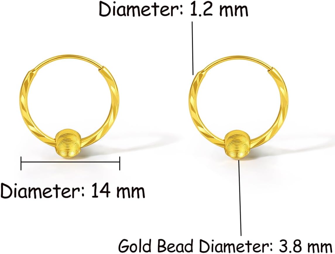 24K Gold Earrings for Women Hypoallergenic Hoop Earring Lightweight Beaded Hoops Dangle Small Huggie Drop Bead Statement Jewelry Dainty Ball Fashion Trendy Dangling Tiny Thin Polished Real Gold Gifts