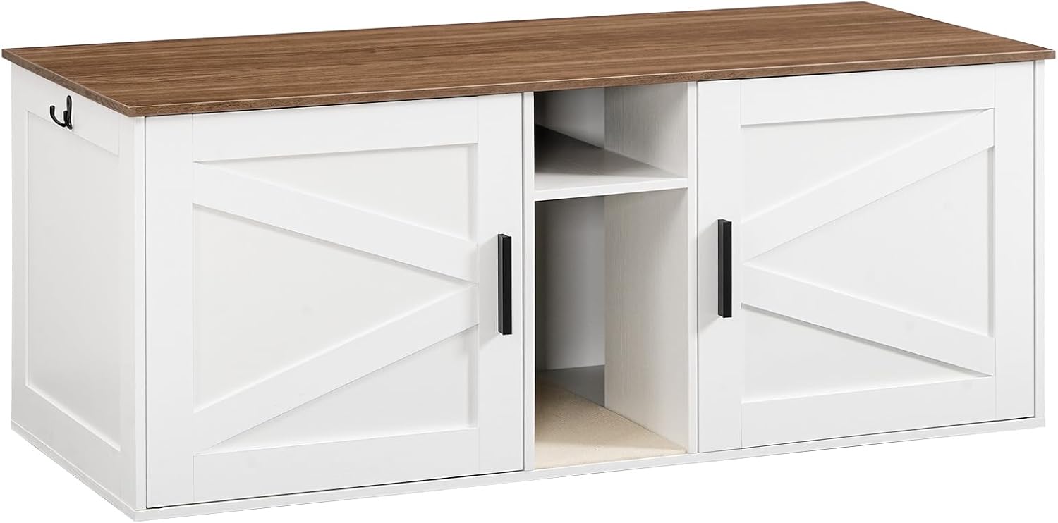 HOOBRO Double Litter Box Enclosure, Modern Cat Litter Box Furniture with Storage and Mat Design, Farmhouse Hidden Litter Box Enclosure with 2 Hooks, White and Walnut WH23MW01