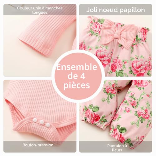 LUVCES Vetement Bebe Fille Nouveau-né Barboteuse à Volants Manche Longue + Floral Pantalon + Bandeau+ Chapeau Ensemble Tenues d'automne 0-18 Mois 4Pcs Rose 12-18 Mois – vue 5