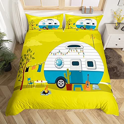 Camping Comforter Cover Twin, Kids Boys Girls Teens Duvet Cover Parked Trailer Bedding Set With Guitar Cactus Laundry Fire Pit Road Trip,Decorative 1 Duvet Cover Set 1 Pillow Case,Yellow Green #TOP2