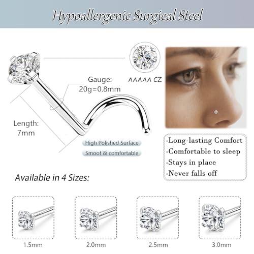 Nose Rings Studs: 8Pcs 20G Silver 316L Surgical Stainless Steel Nose Studs Hypoallergenic Corkscrew Nose Piercing Stud Jewelry for Women Men Clear Cubic Zirconia Imitation Diamond 1.5mm 2mm 2.5mm 3mm - Image 2