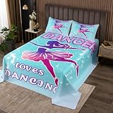 Juego de ropa de cama doble con diseño de niña bailarina, con silueta de princesa, para amantes del ballet, funda de cama con notas musicales, juego de colcha azul y morado de ensueño (1 edredón + 2