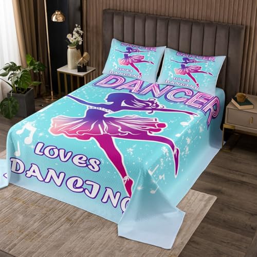 Dancing Girl Quilt Bedding Set King,Ballet Lover Girl Princess Silhouette Coverlet Bedspread,Fashion Music Notetion Bedding Bed Cover,Dreamy Blue Purple Bedspread Set (1 Quilt+ 2 Shams)
