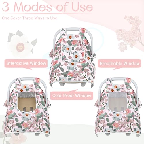 Image of Baby Carseat Seat Cover Girls, Winter Carseat Canopy, Cozy & Warm Cover with Zipper Peep Windows, Infant Minky Carrier Cover, Soft Breathable, Baby Must Have, Retro Flower