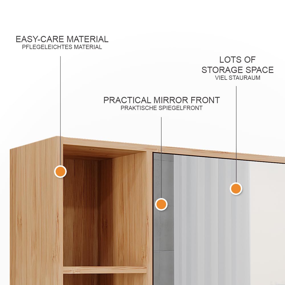 Vicco Mobile a specchio per il bagno Lucie, Bambù, 54 x 44.5 cm con specchio, adatto per la conservazione salvaspazio di accessori da bagno