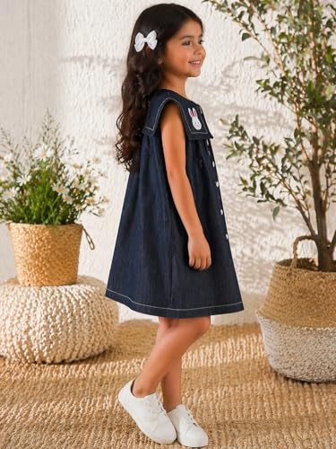 Image of superminis Girls Denim Solid Color Half Sleeves Dress with Embroidered Pocket (1 Dress)