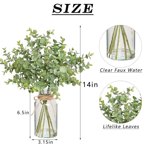 Zheart Fake Eucalyptus Stems in Glass Vase with Faux Water,14" Artificial Plants Eucalyptus Leaves for Shelf Desk Bathroom Farmhouse Room Coffee Table Home Decor (Sage Green) - Image 3
