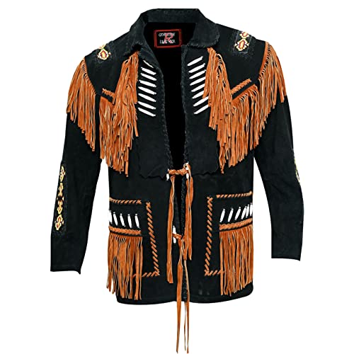 Men's Western Cowboy Leather Jacket Bone Fringed Suede Native American Leather Coat -Black (X-Small) (RP-786)