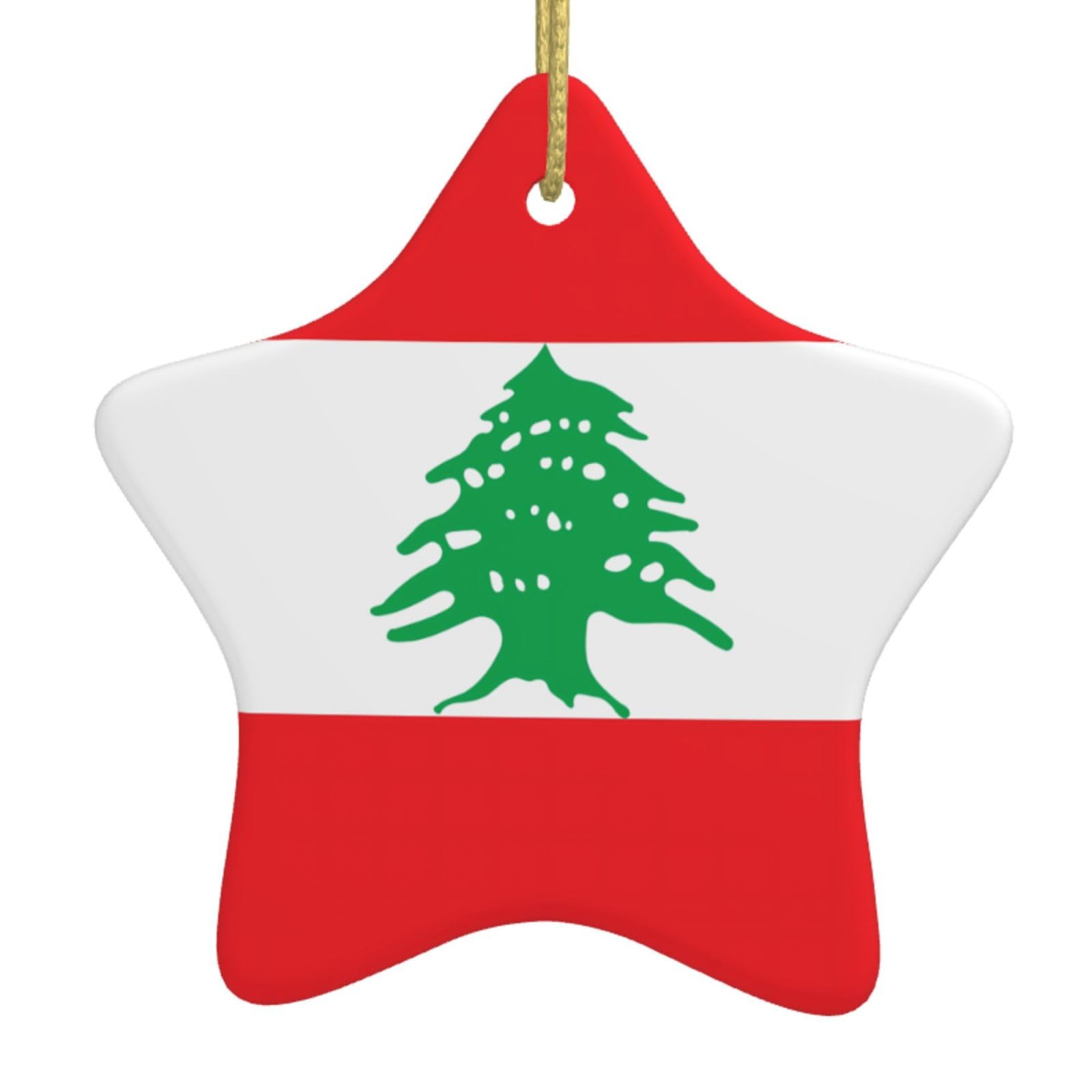 Flag of Lebanon Christmas Ceramic Star Pendant with Punched Holes and Gold Wire Rope, Christmas Tree Home Decoration
