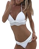 Minetom Damen Bikini Sets Push Up Gepolstert Elegant Spitze Weiß und Schwarz Neckholder Bandage Strandmode Hohe Taille Triangel Bademode Badeanzug Weiß 01 DE 40
